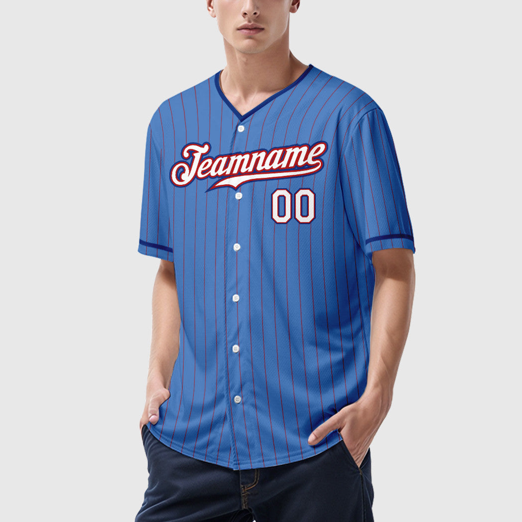 Custom Powder Blue Red White-Royal Pinstripe Baseball Jersey
