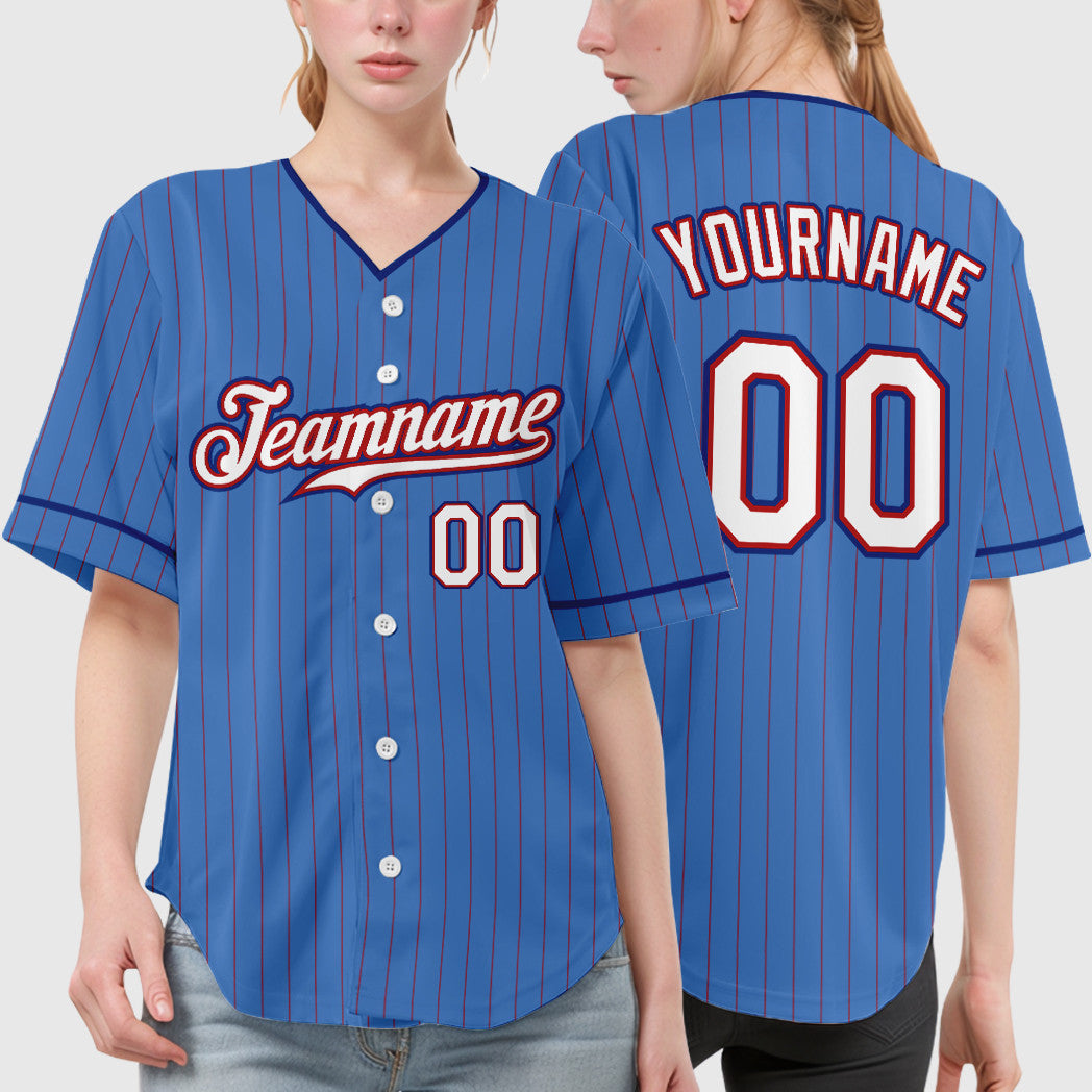 Custom Powder Blue Red White-Royal Pinstripe Baseball Jersey