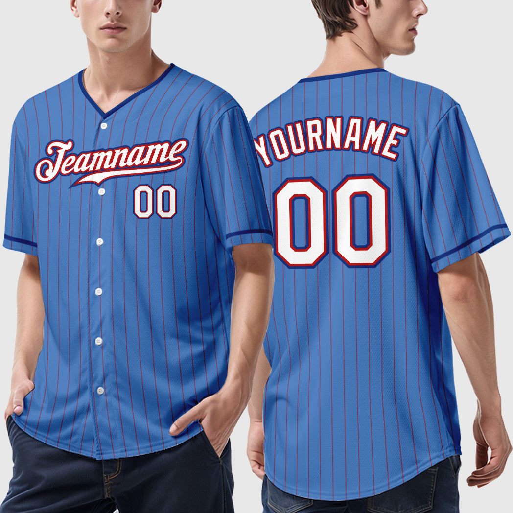 Custom Powder Blue Red White-Royal Pinstripe Baseball Jersey