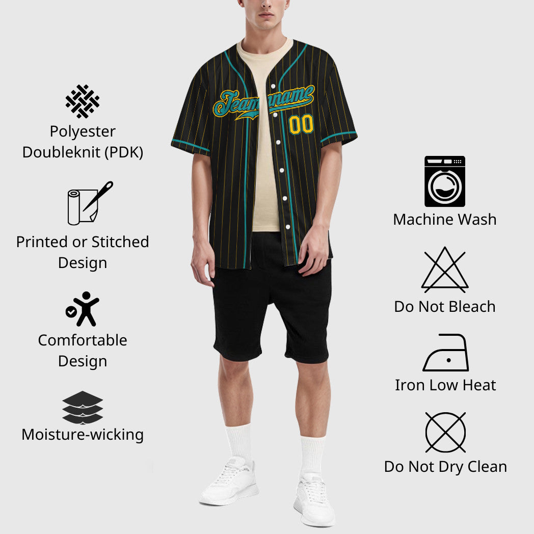 Custom Black Yellow Teal Piping Pinstripe Baseball Jersey