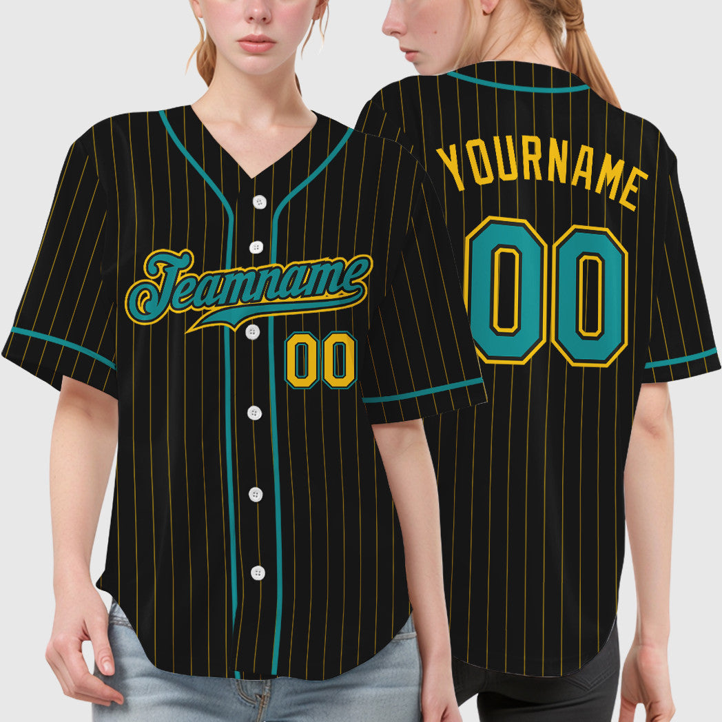 Custom Black Yellow Teal Piping Pinstripe Baseball Jersey