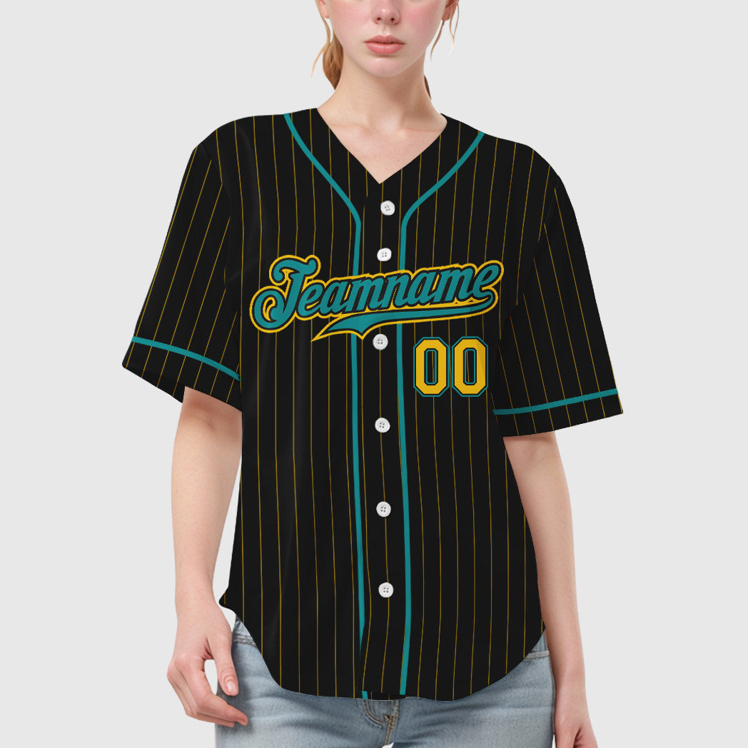 Custom Black Yellow Teal Piping Pinstripe Baseball Jersey