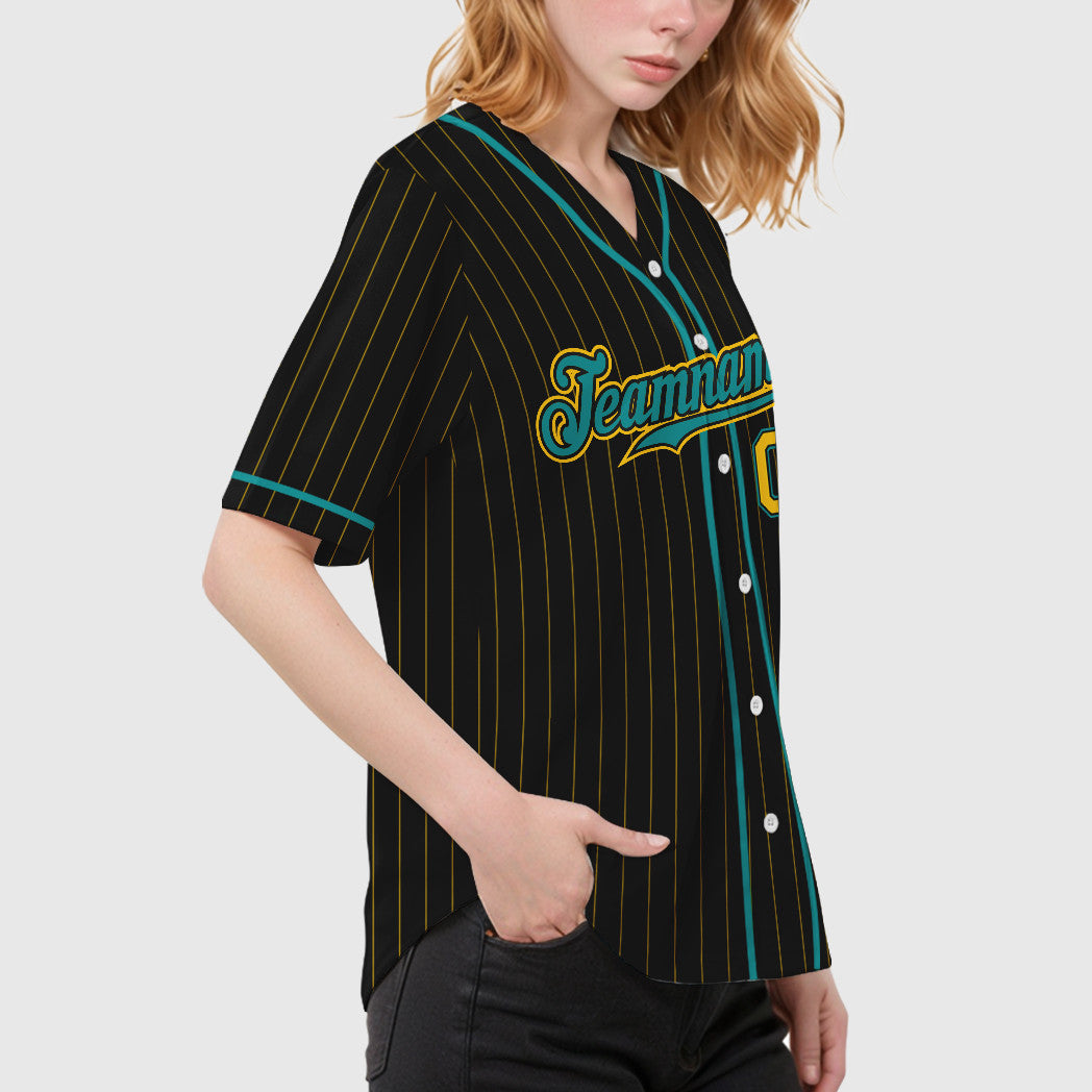 Custom Black Yellow Teal Piping Pinstripe Baseball Jersey