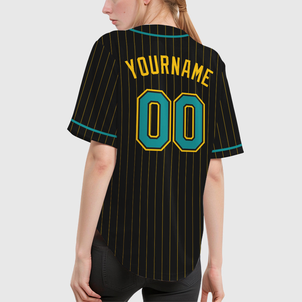Custom Black Yellow Teal Piping Pinstripe Baseball Jersey