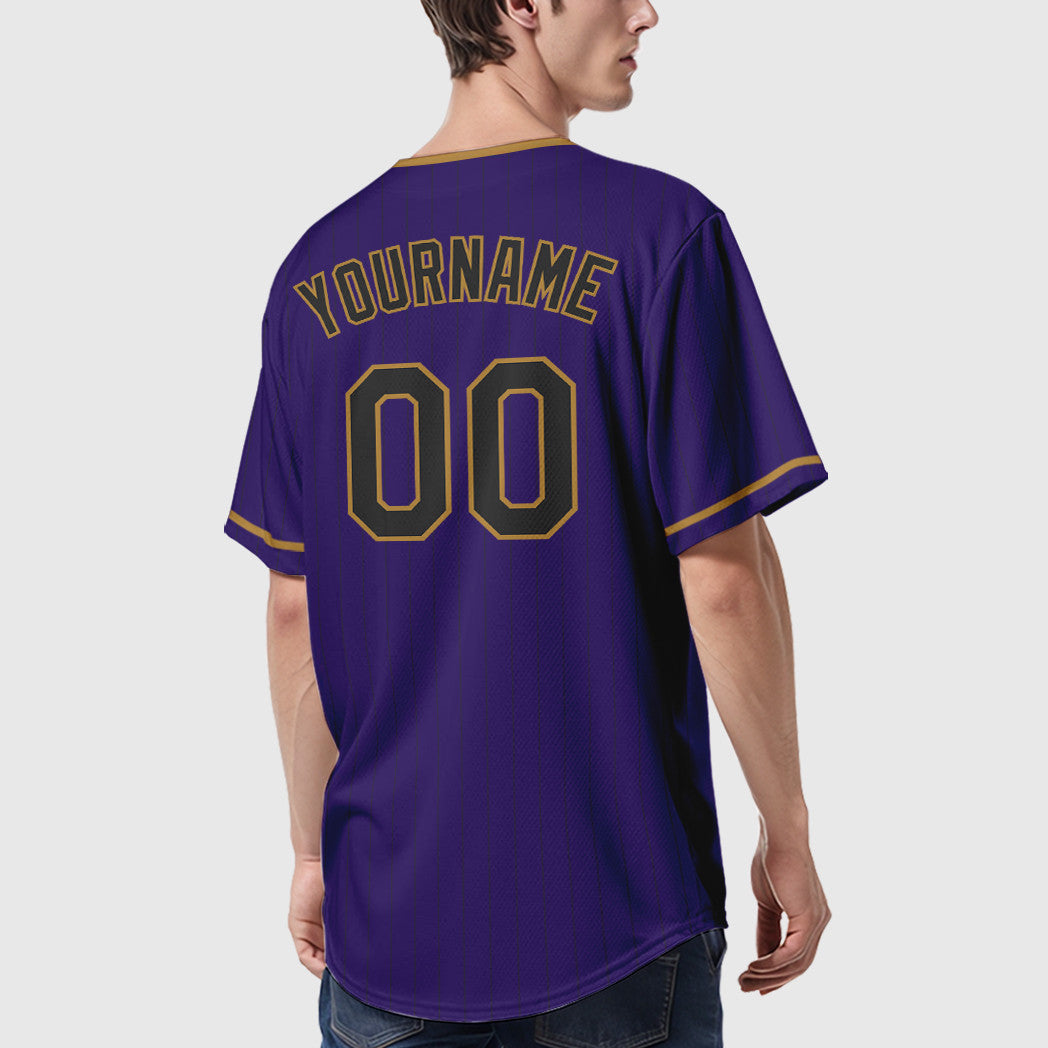 Custom Purple Black Black-Old Gold Pinstripe Baseball Jersey
