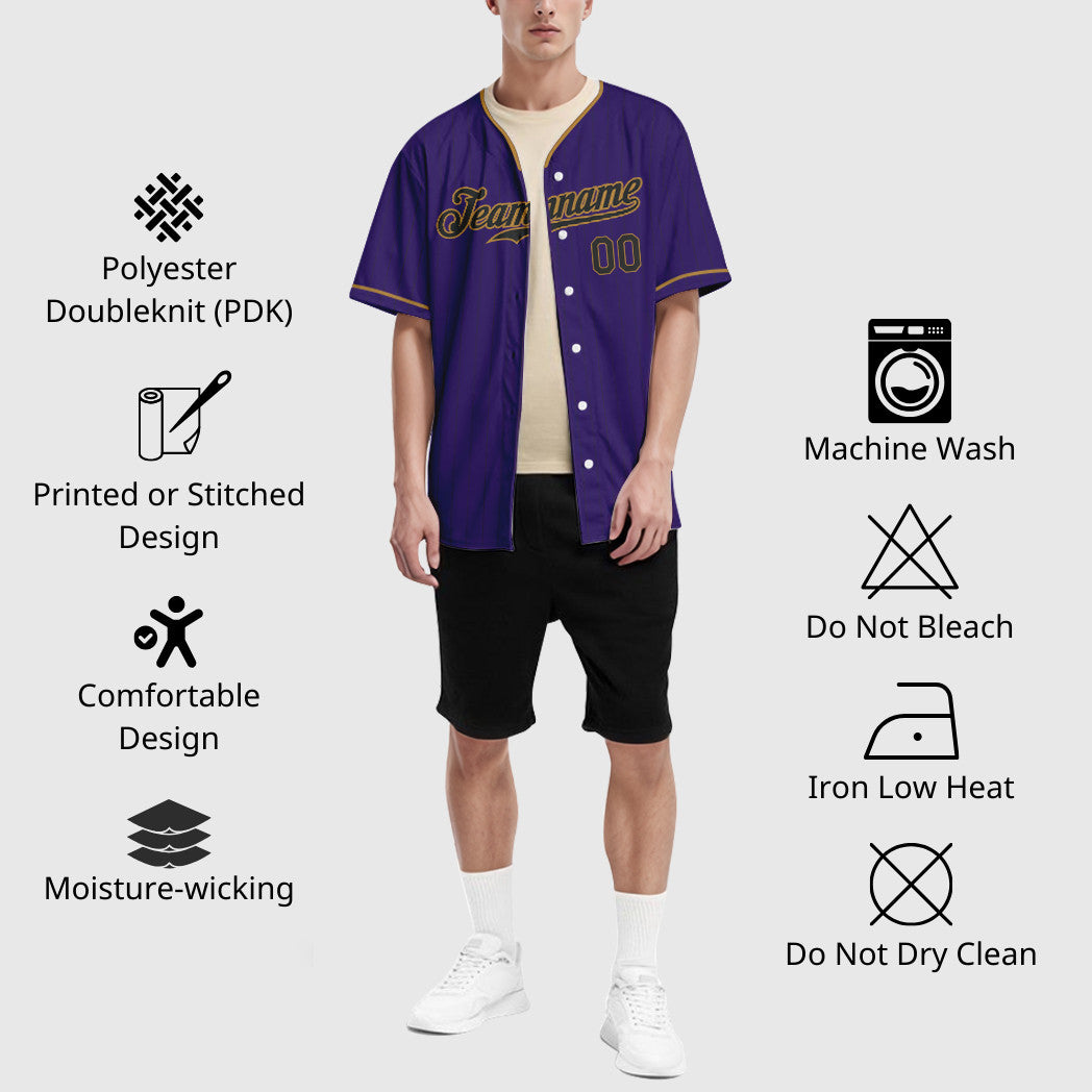 Custom Purple Black Black-Old Gold Pinstripe Baseball Jersey