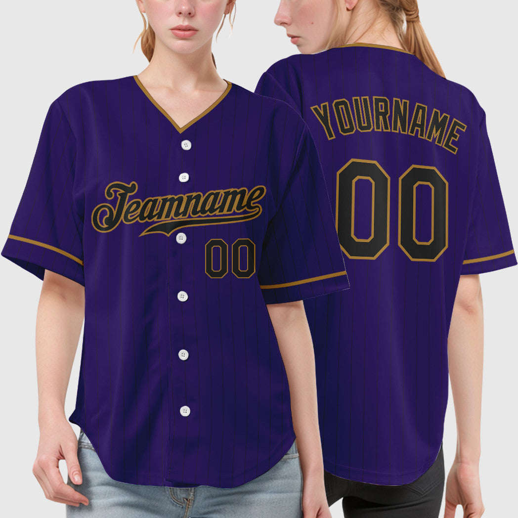 Custom Purple Black Black-Old Gold Pinstripe Baseball Jersey