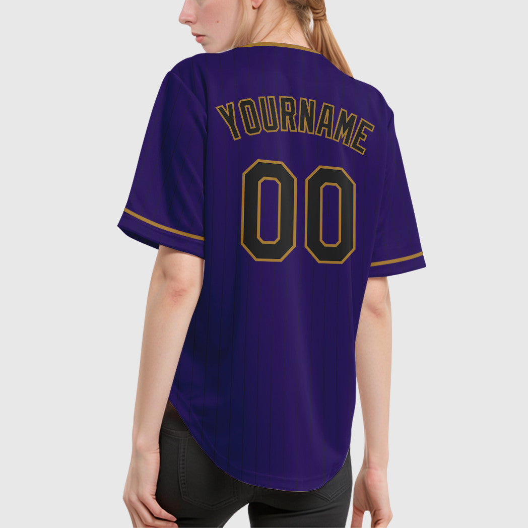 Custom Purple Black Black-Old Gold Pinstripe Baseball Jersey