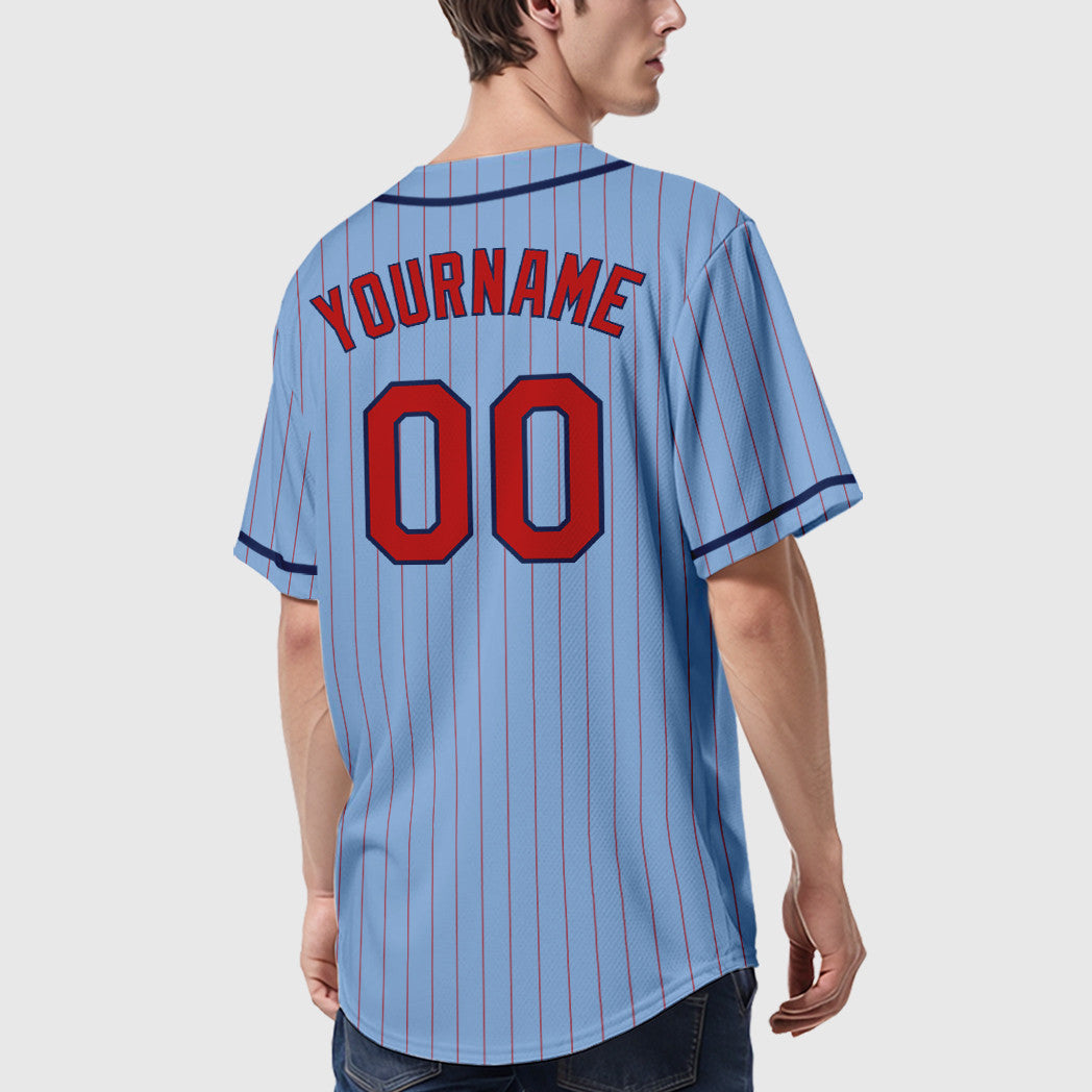 Custom Light Blue Red Red-Navy Piping Pinstripe Baseball Jersey