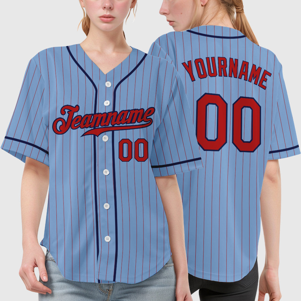 Custom Light Blue Red Red-Navy Piping Pinstripe Baseball Jersey