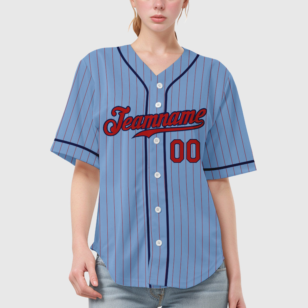 Custom Light Blue Red Red-Navy Piping Pinstripe Baseball Jersey