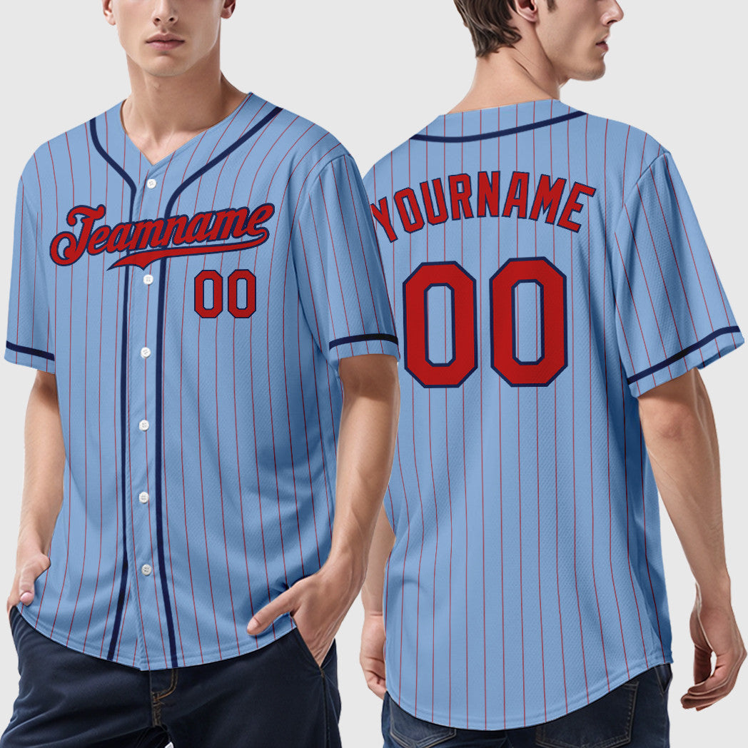 Custom Light Blue Red Red-Navy Piping Pinstripe Baseball Jersey