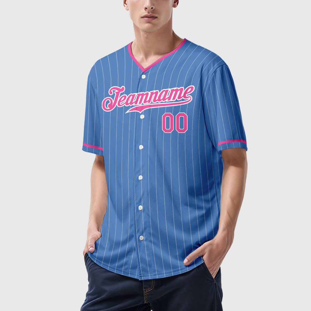 Custom Powder Blue White Pink Pinstripe Baseball Jersey