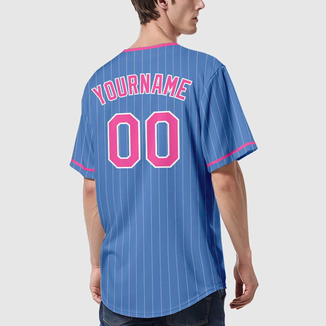 Custom Powder Blue White Pink Pinstripe Baseball Jersey
