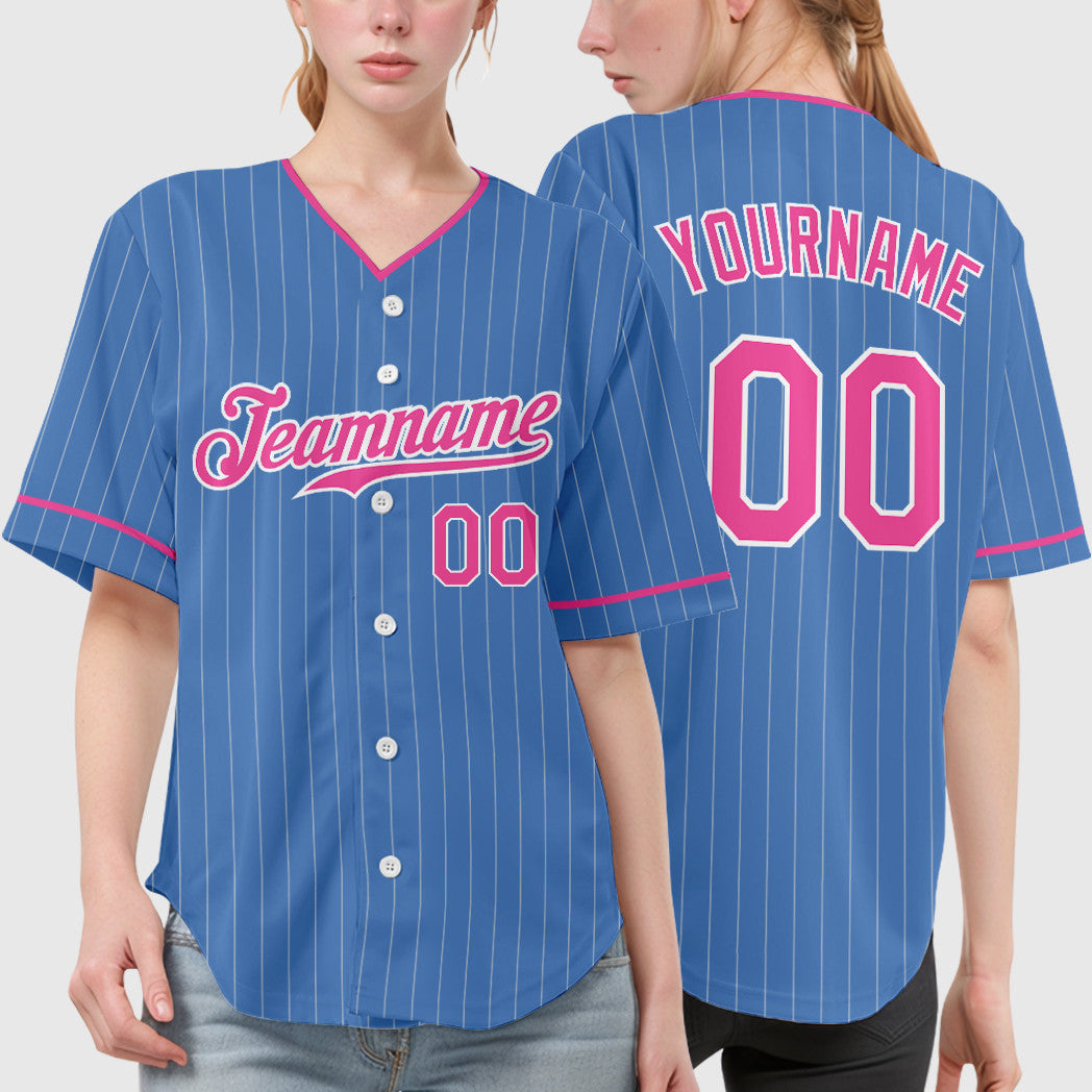 Custom Powder Blue White Pink Pinstripe Baseball Jersey