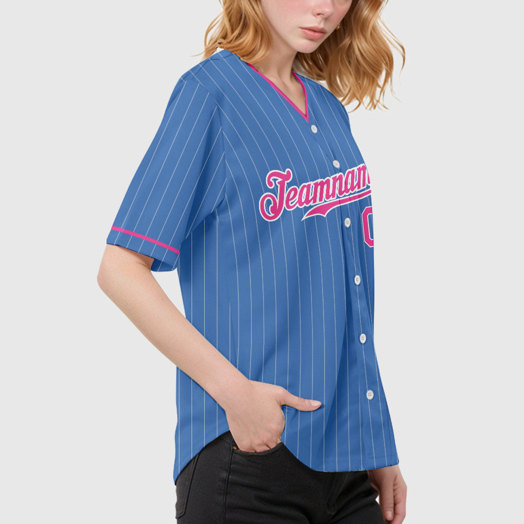 Custom Powder Blue White Pink Pinstripe Baseball Jersey