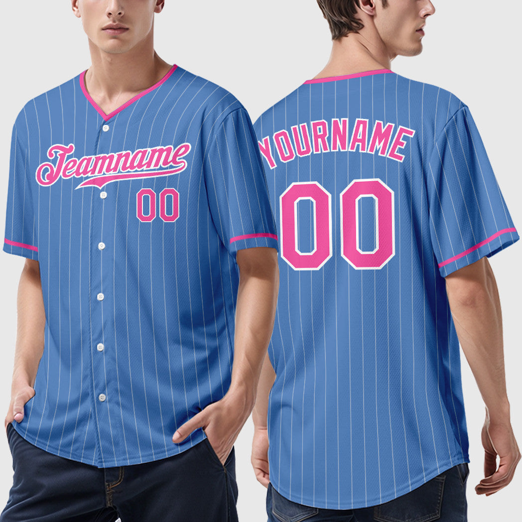 Custom Powder Blue White Pink Pinstripe Baseball Jersey