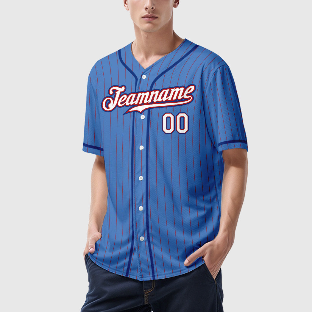 Custom Powder Blue Red White-Royal Piping Pinstripe Baseball Jersey