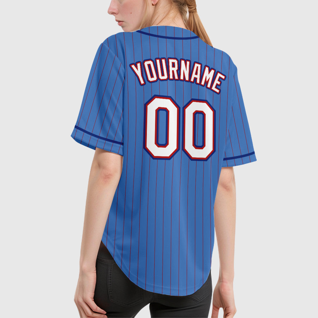 Custom Powder Blue Red White-Royal Piping Pinstripe Baseball Jersey