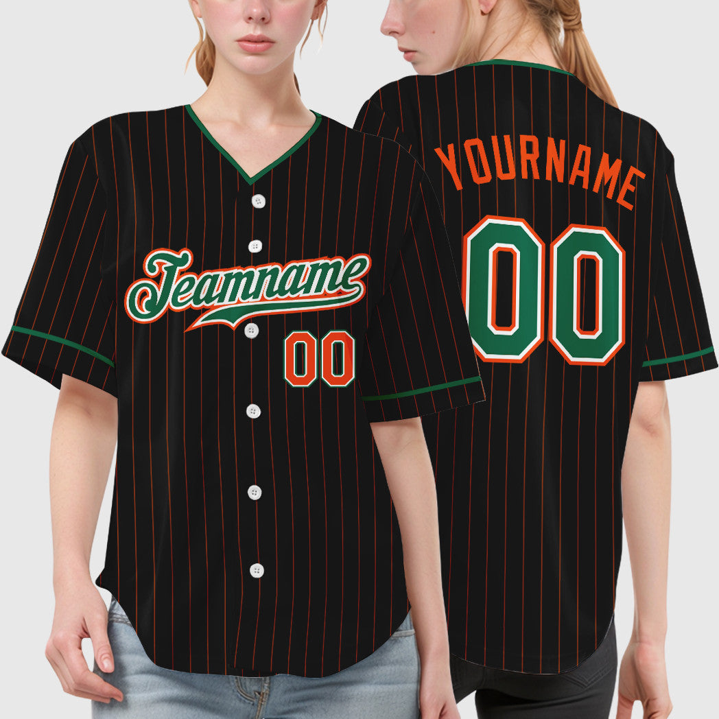 Custom Black Orange Kelly Green-White Pinstripe Baseball Jersey