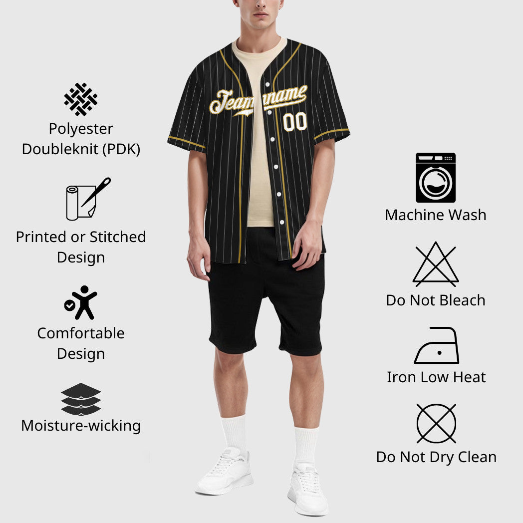 Custom Black White White-Old Gold Piping Pinstripe Baseball Jersey