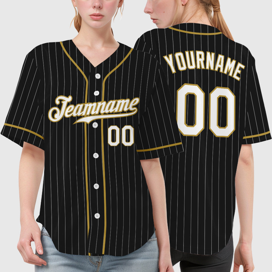 Custom Black White White-Old Gold Piping Pinstripe Baseball Jersey