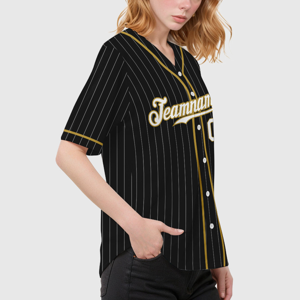 Custom Black White White-Old Gold Piping Pinstripe Baseball Jersey