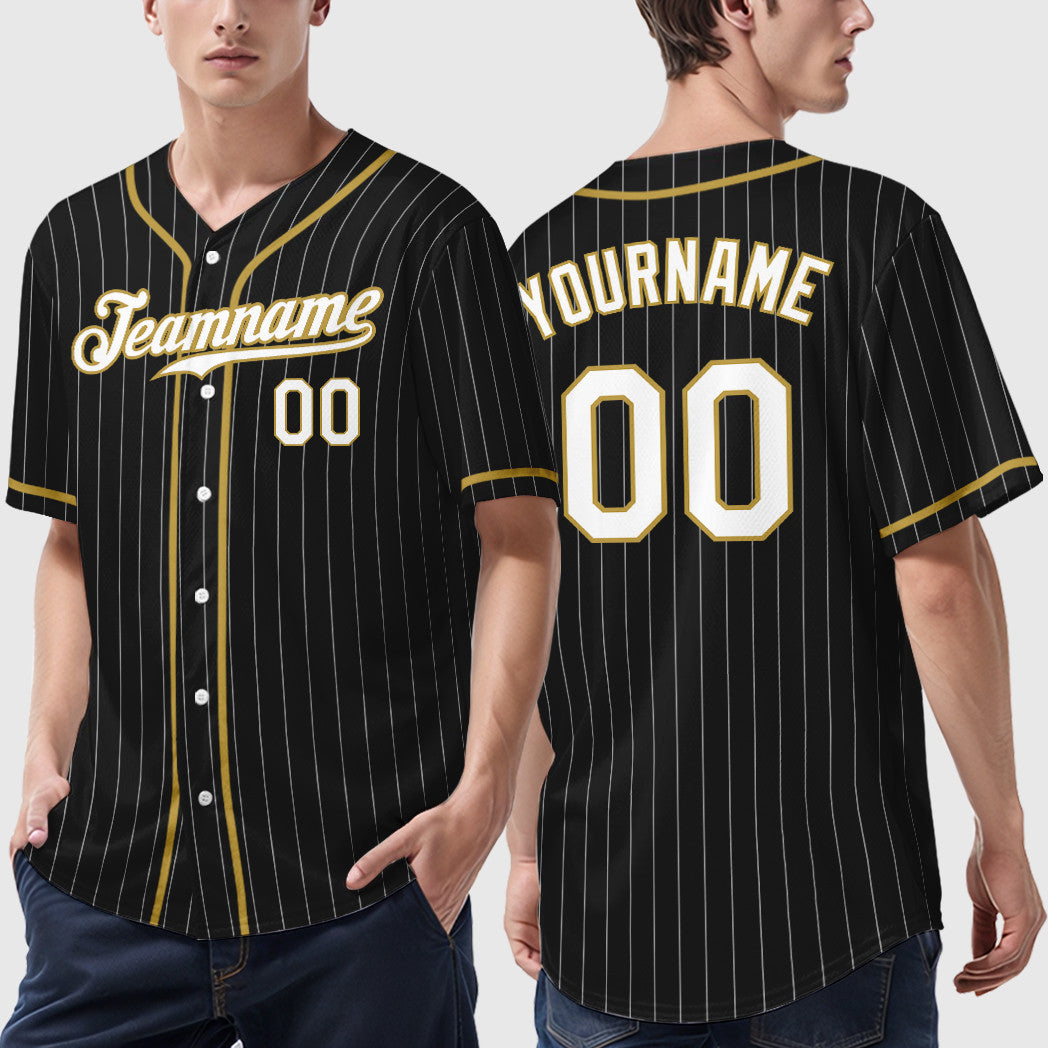 Custom Black White White-Old Gold Piping Pinstripe Baseball Jersey