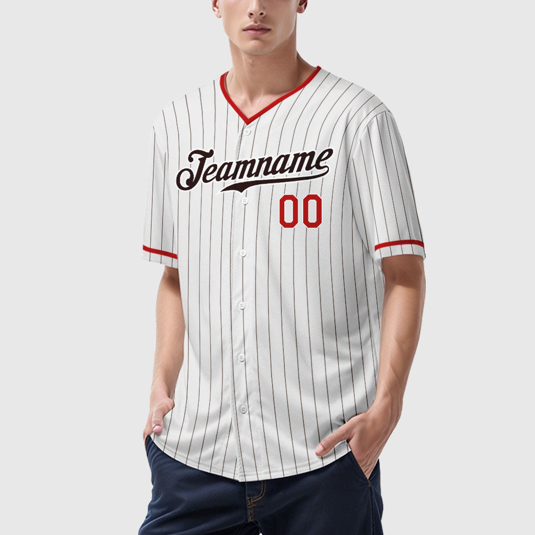 Custom White Brown Red-Brown Pinstripe Baseball Jersey