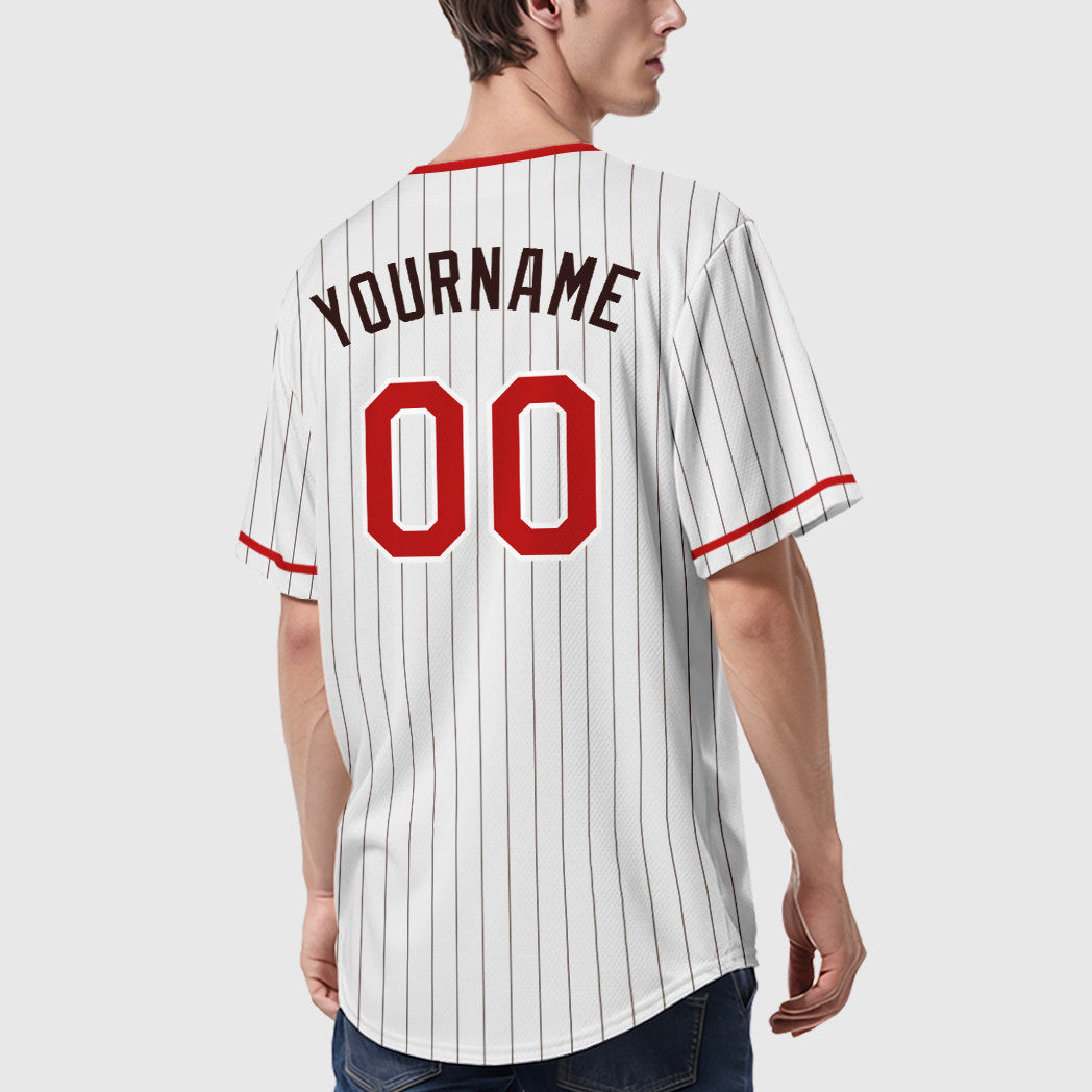 Custom White Brown Red-Brown Pinstripe Baseball Jersey