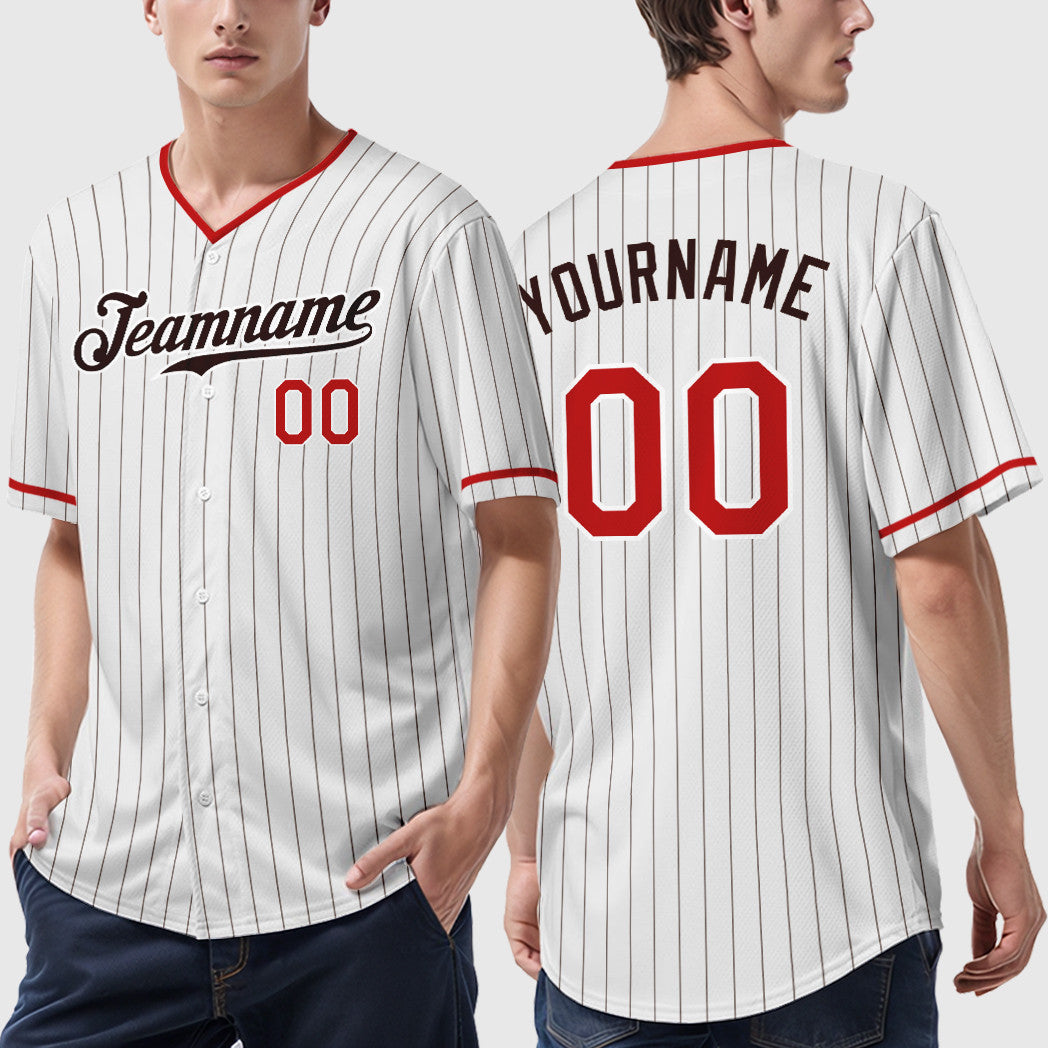 Custom White Brown Red-Brown Pinstripe Baseball Jersey