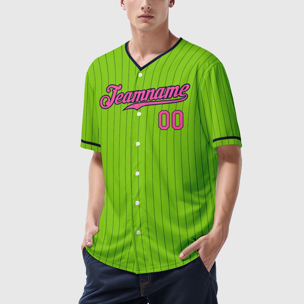Custom Neon Green Navy Pink Pinstripe Baseball Jersey