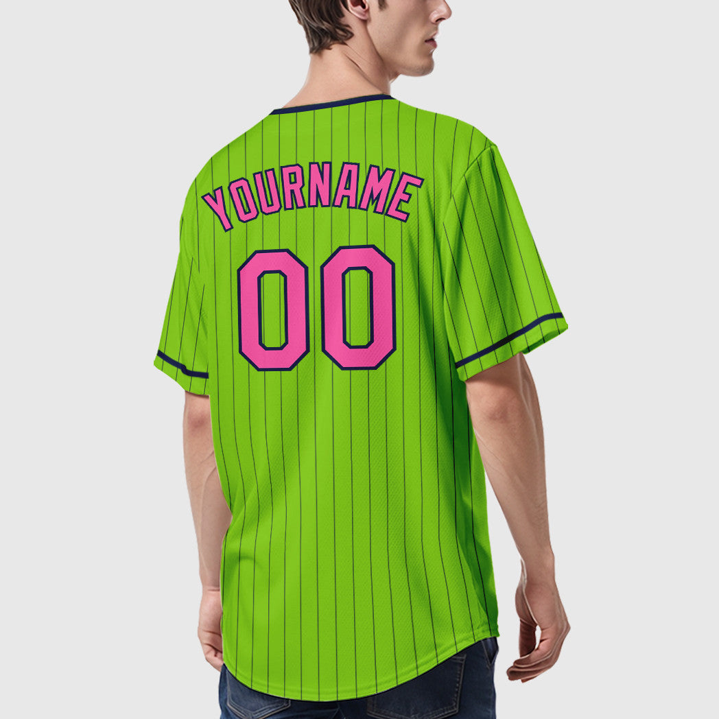 Custom Neon Green Navy Pink Pinstripe Baseball Jersey