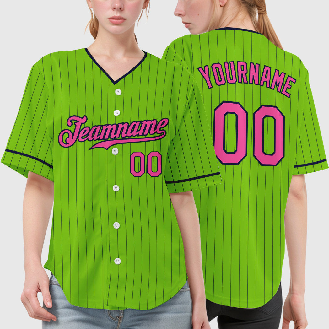 Custom Neon Green Navy Pink Pinstripe Baseball Jersey