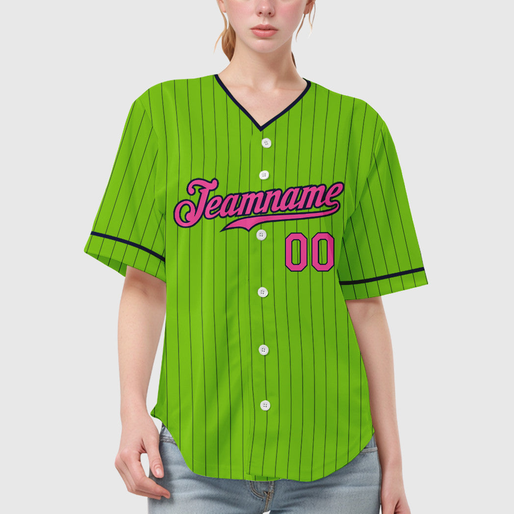 Custom Neon Green Navy Pink Pinstripe Baseball Jersey