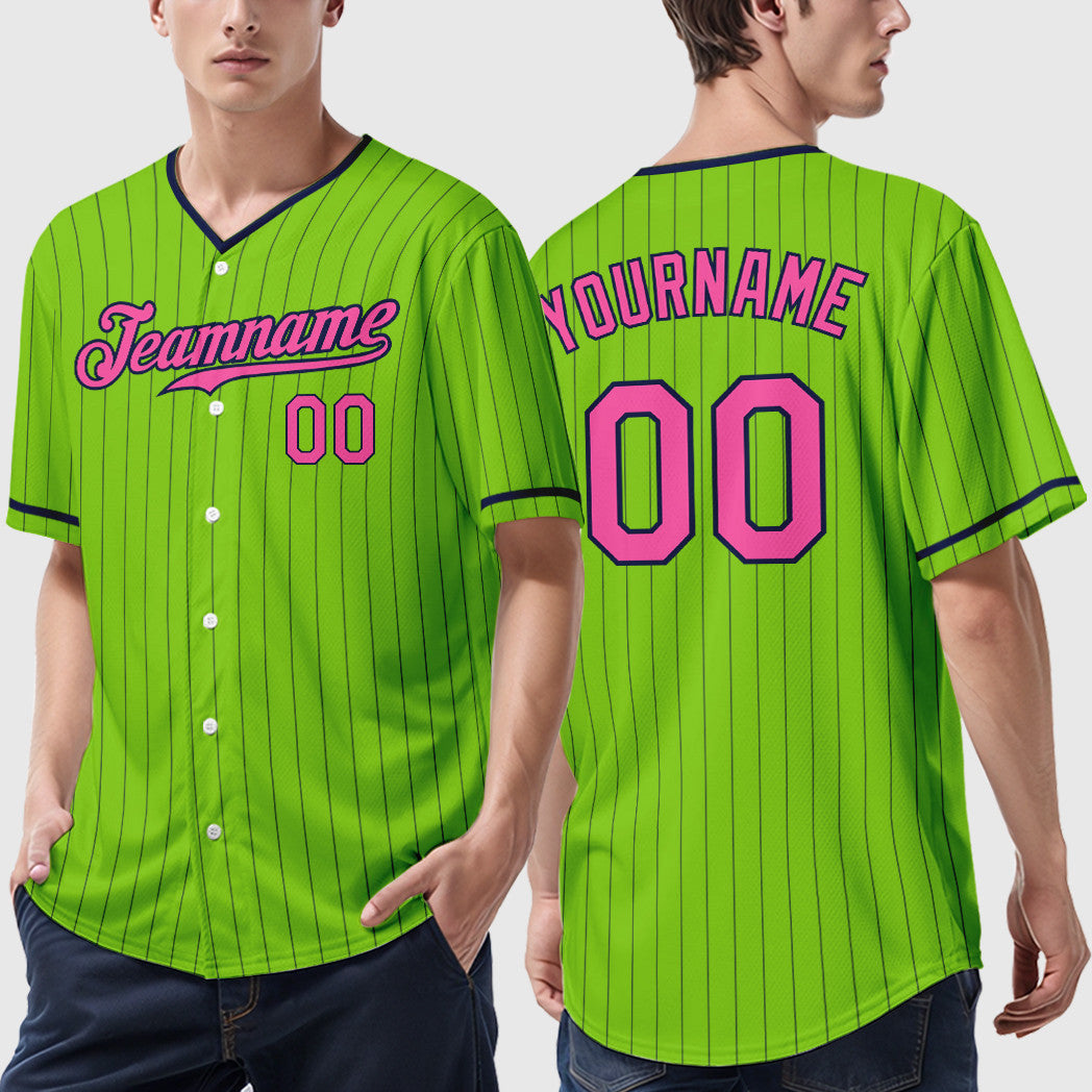 Custom Neon Green Navy Pink Pinstripe Baseball Jersey