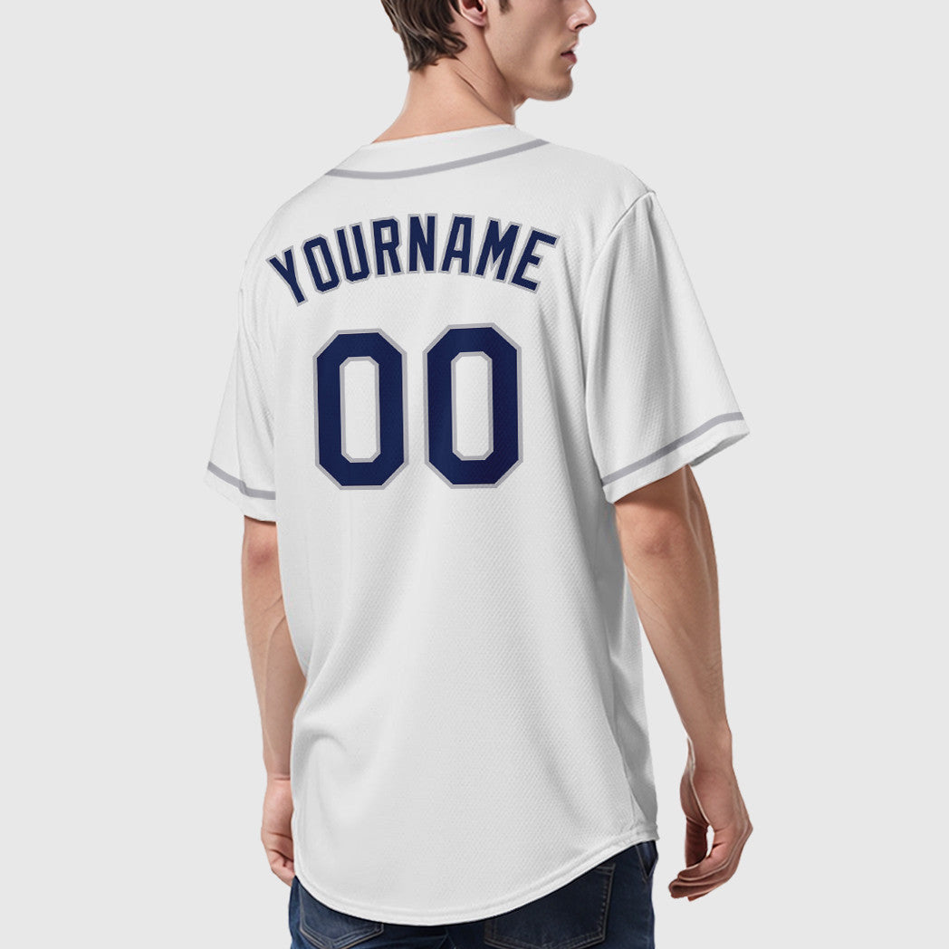 Custom White Navy Navy-Gray Sleeve Baseball Jersey