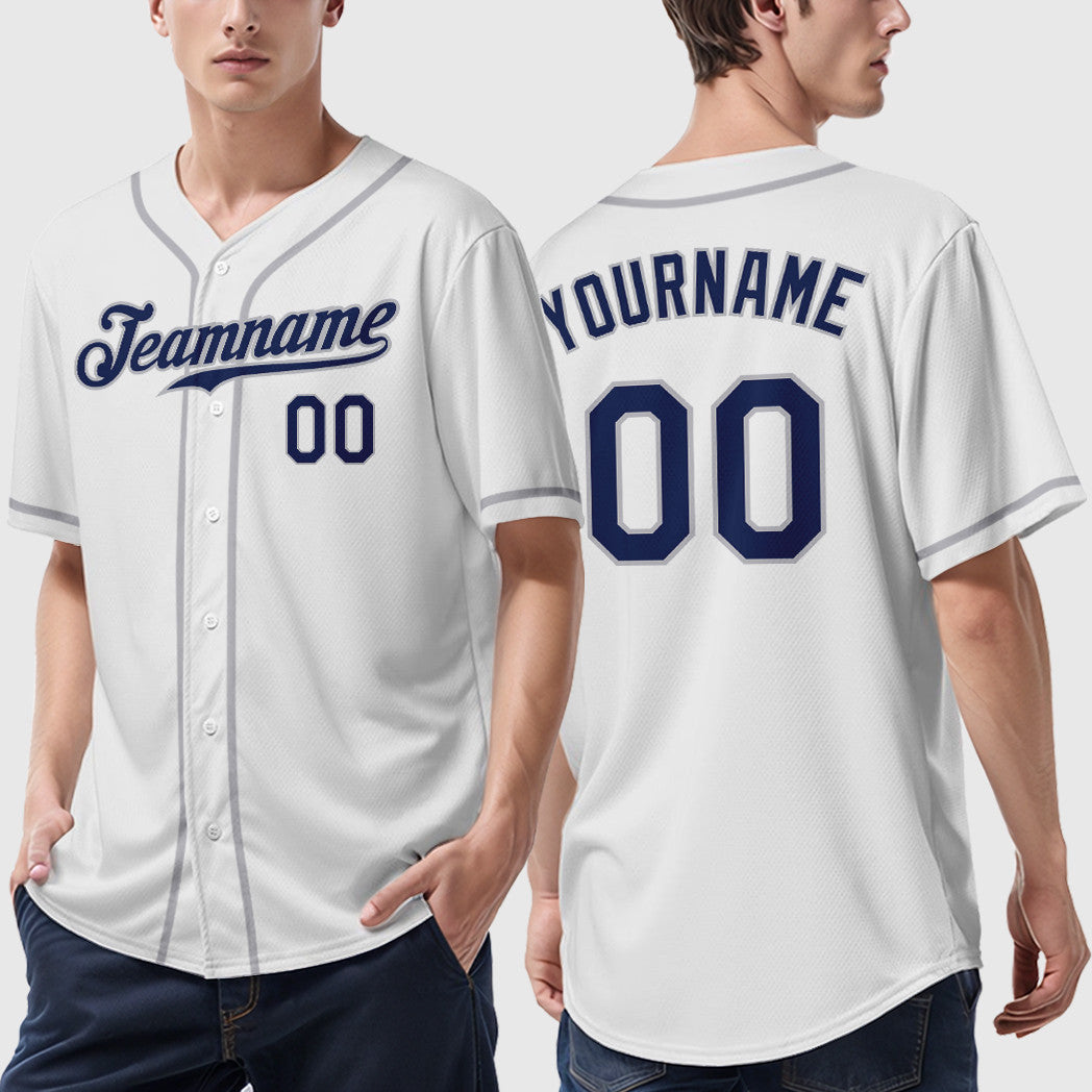 Custom White Navy Navy-Gray Sleeve Baseball Jersey