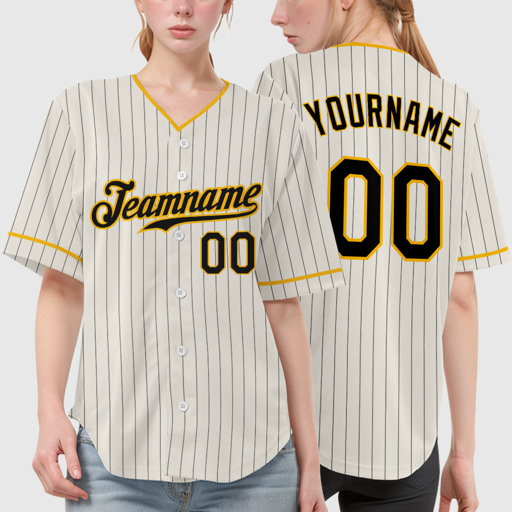 Custom Cream Black Gold Pinstripe Baseball Jersey