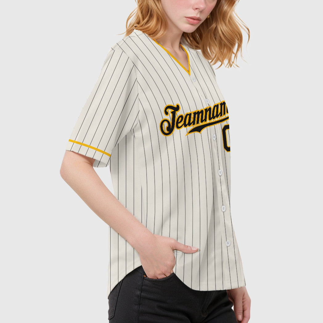 Custom Cream Black Gold Pinstripe Baseball Jersey
