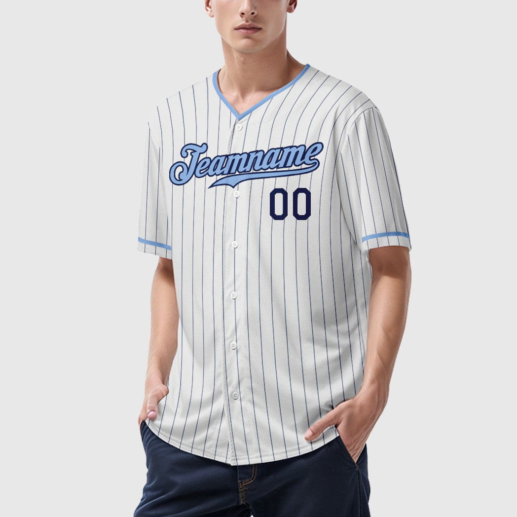 Custom White Navy Light Blue Pinstripe Baseball Jersey
