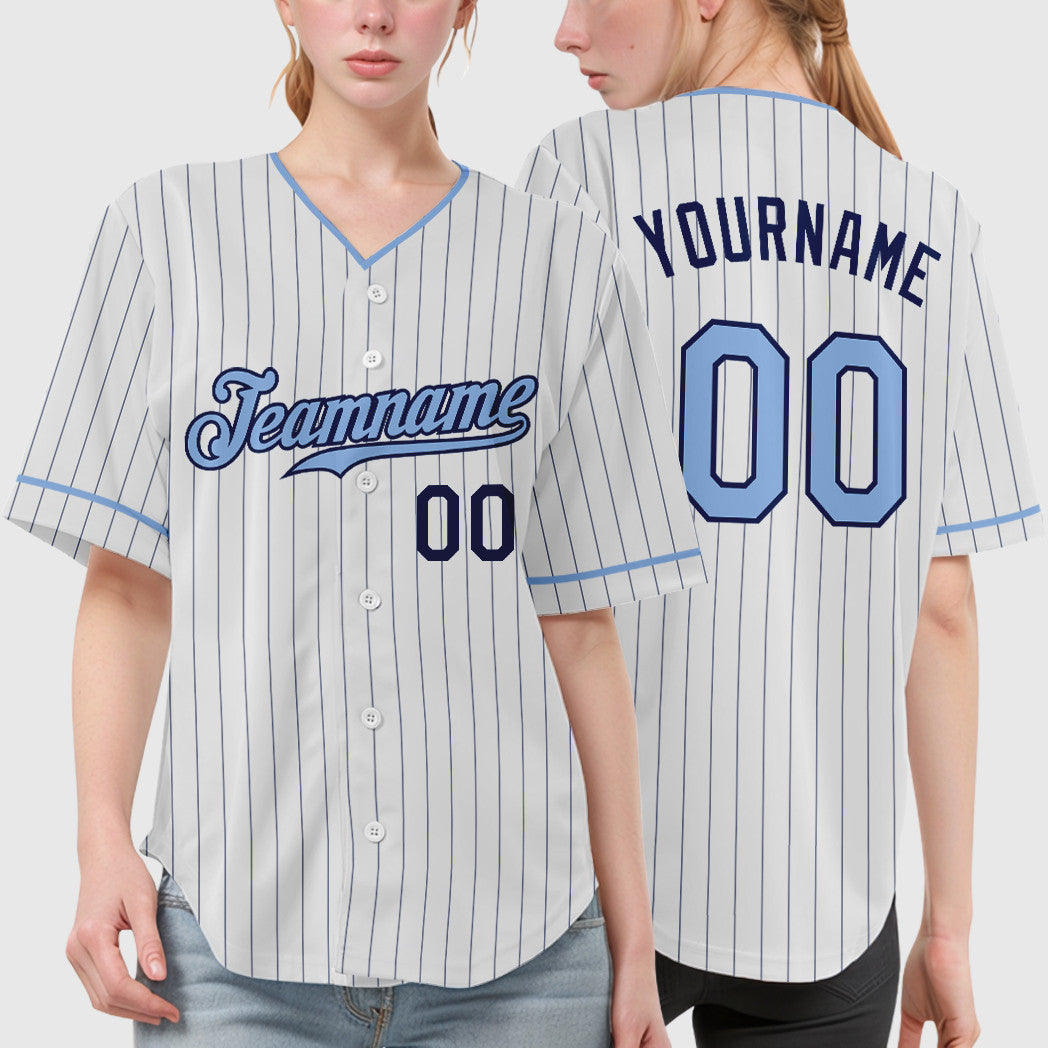 Custom White Navy Light Blue Pinstripe Baseball Jersey