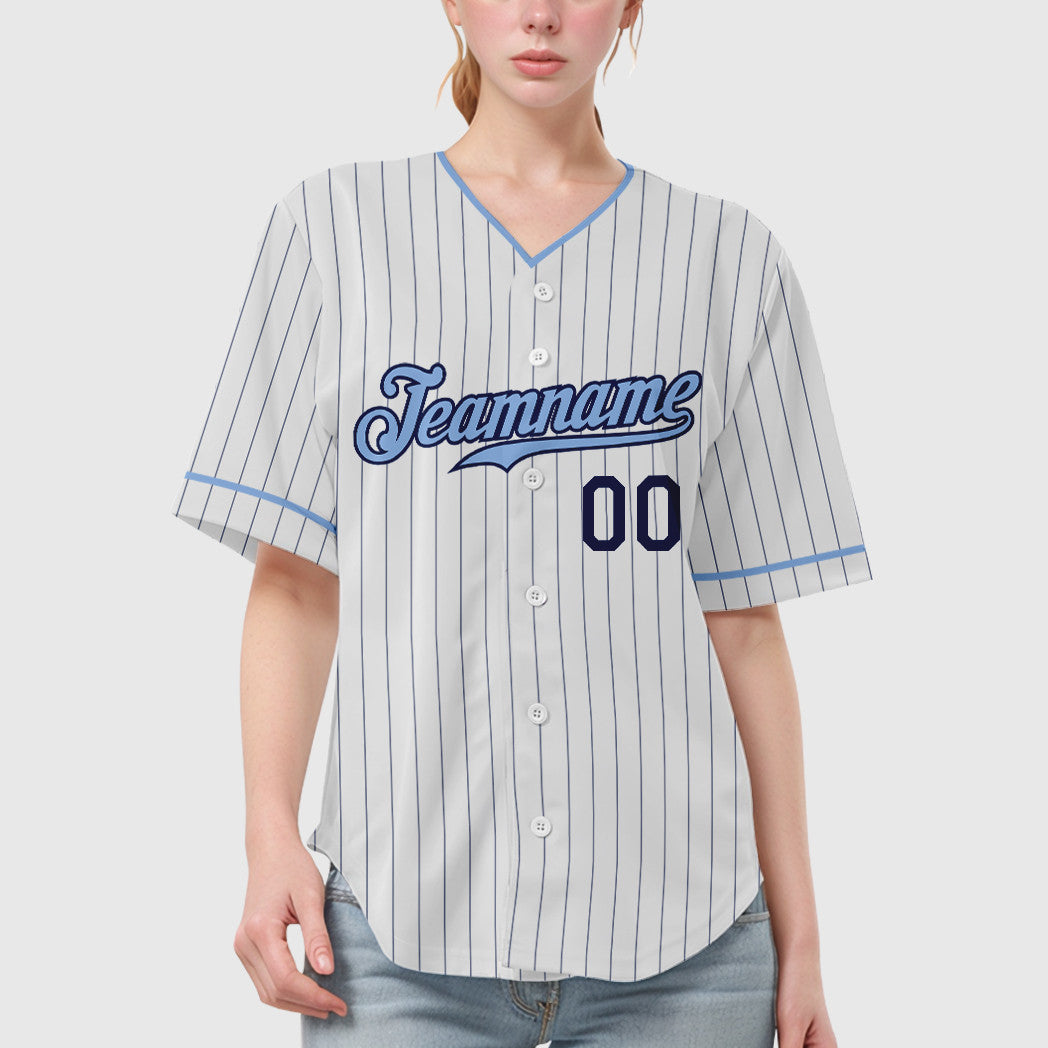 Custom White Navy Light Blue Pinstripe Baseball Jersey