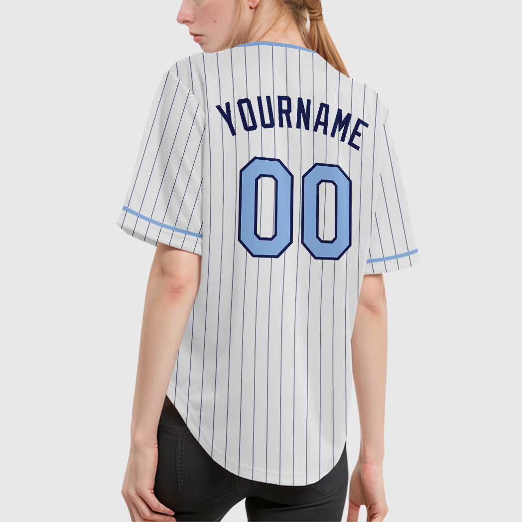 Custom White Navy Light Blue Pinstripe Baseball Jersey