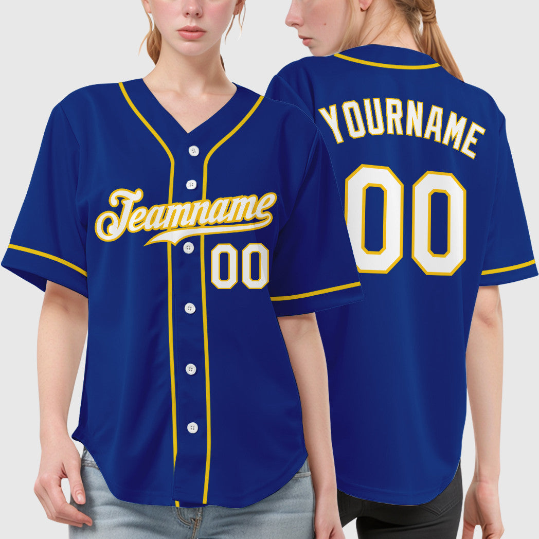 Custom Royal White Yellow Sleeve Baseball Jersey