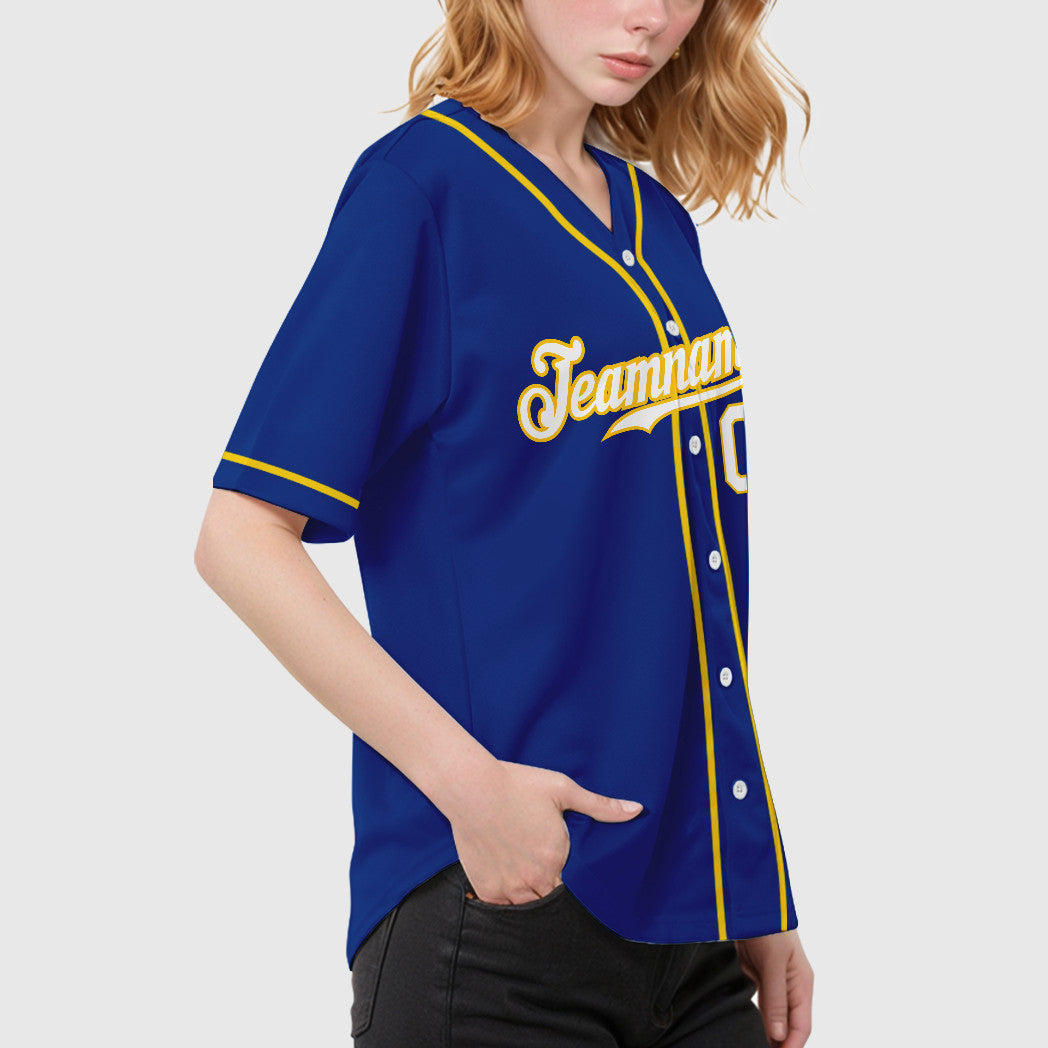 Custom Royal White Yellow Sleeve Baseball Jersey