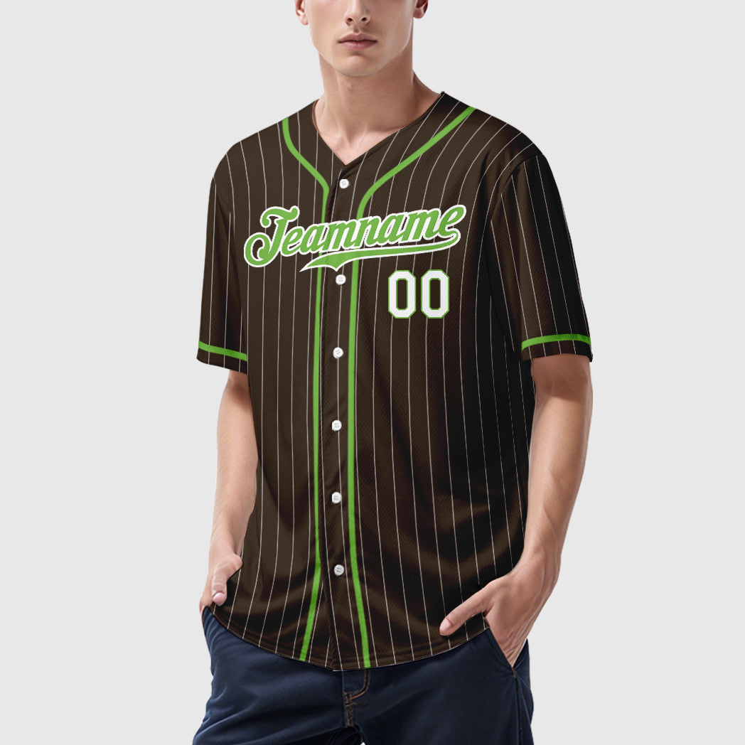Custom Brown White Neon Green-White Piping Pinstripe Baseball Jersey