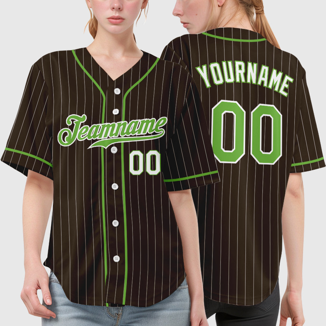 Custom Brown White Neon Green-White Piping Pinstripe Baseball Jersey
