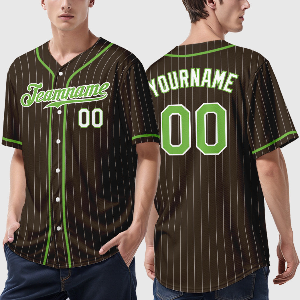 Custom Brown White Neon Green-White Piping Pinstripe Baseball Jersey