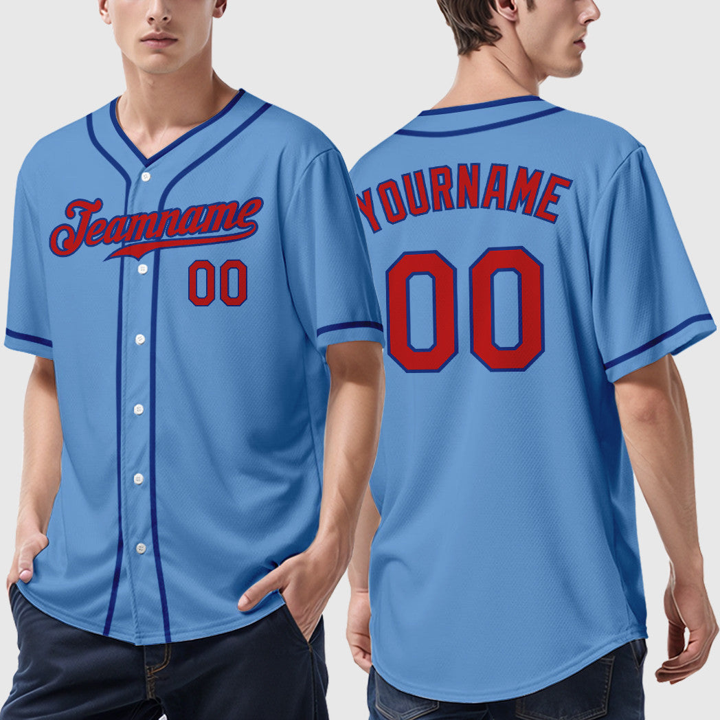 Custom Light Blue Red Royal Piping Baseball Jersey